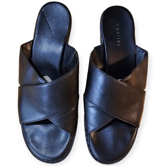 Mantles Black Leather Block Heel Sandals Size 10 - Picture 9 of 9